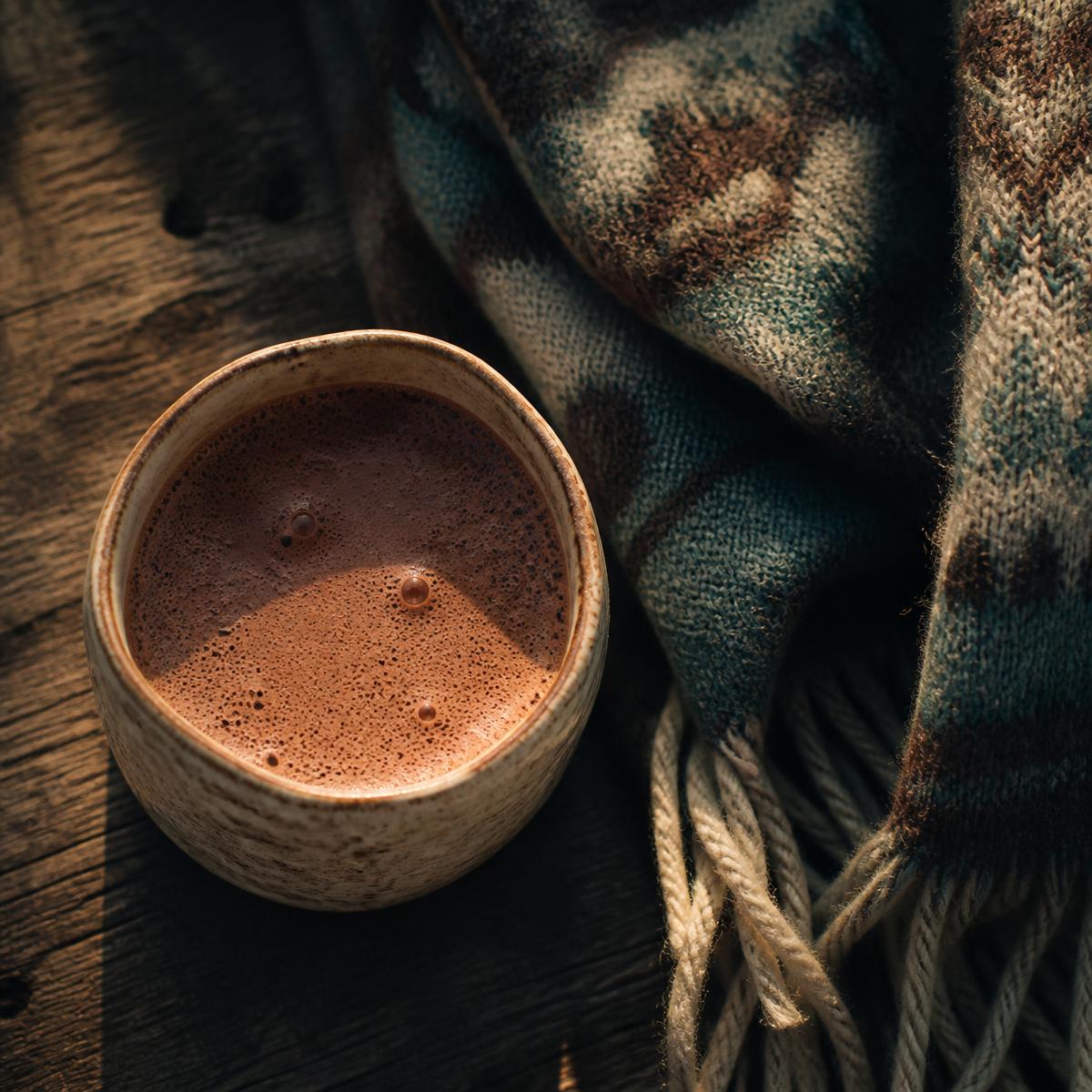 A handmade ceramic cup of cacao beside a folded wool blanket on weathered wood